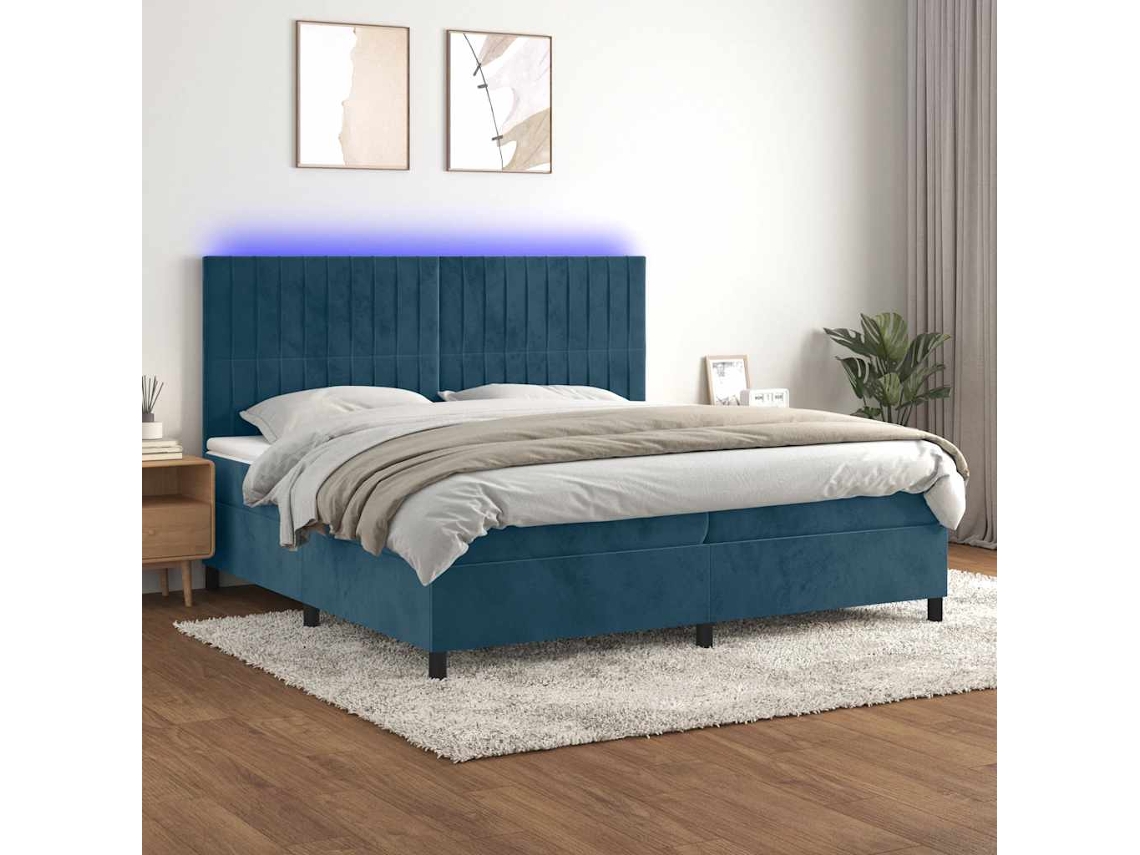 Vidaxl Cama Box Spring C/ Colchão/led 200x200 Cm Veludo Azul-escuro