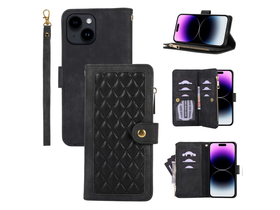 Capa Para Iphone 15 Plus Pele Sintética Com Porta-cartões Preto