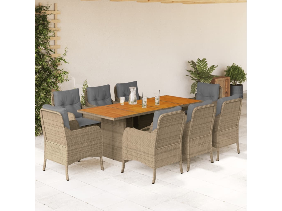 Vidaxl 9 Pcs Conjunto De Jantar P/ Jardim Com Almofadões Vime Pe Bege