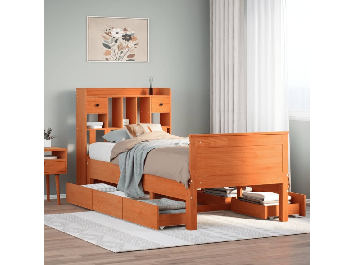 Cama Com Estante Sem Colchão 75x190cm Pinho Maciço Castanho-mel