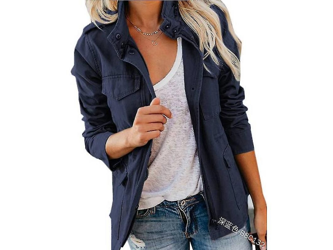 Jaqueta Casual Feminina Iowbfnys De Poliéster Com Gola Aba E Fecho Zíper, Tamanho Regular, Primavera/outono Azul Escuro