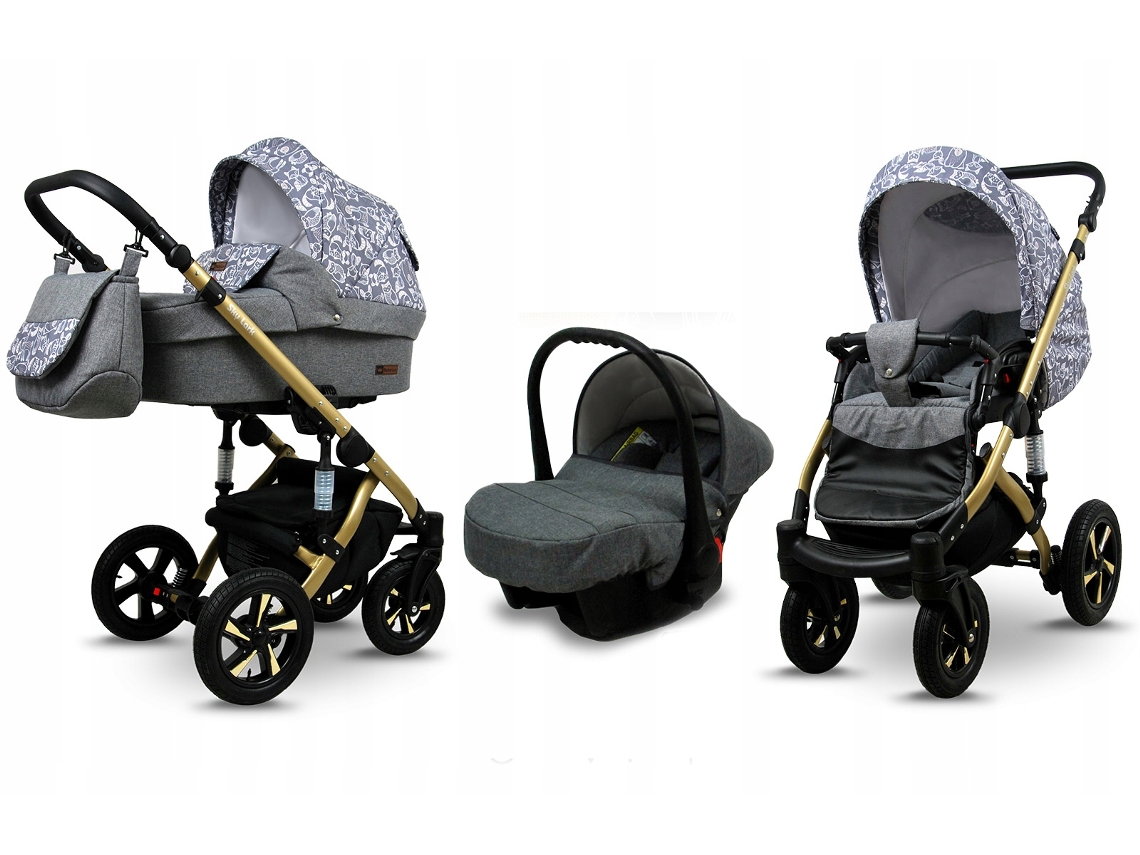 Carrinho de Bebé Multifuncional BABYLUX SKY LARK 3 Em 1 -Grey Animals GOLD FRAME - Ajustável e dobrável Construção leve em alumínio - Acessórios