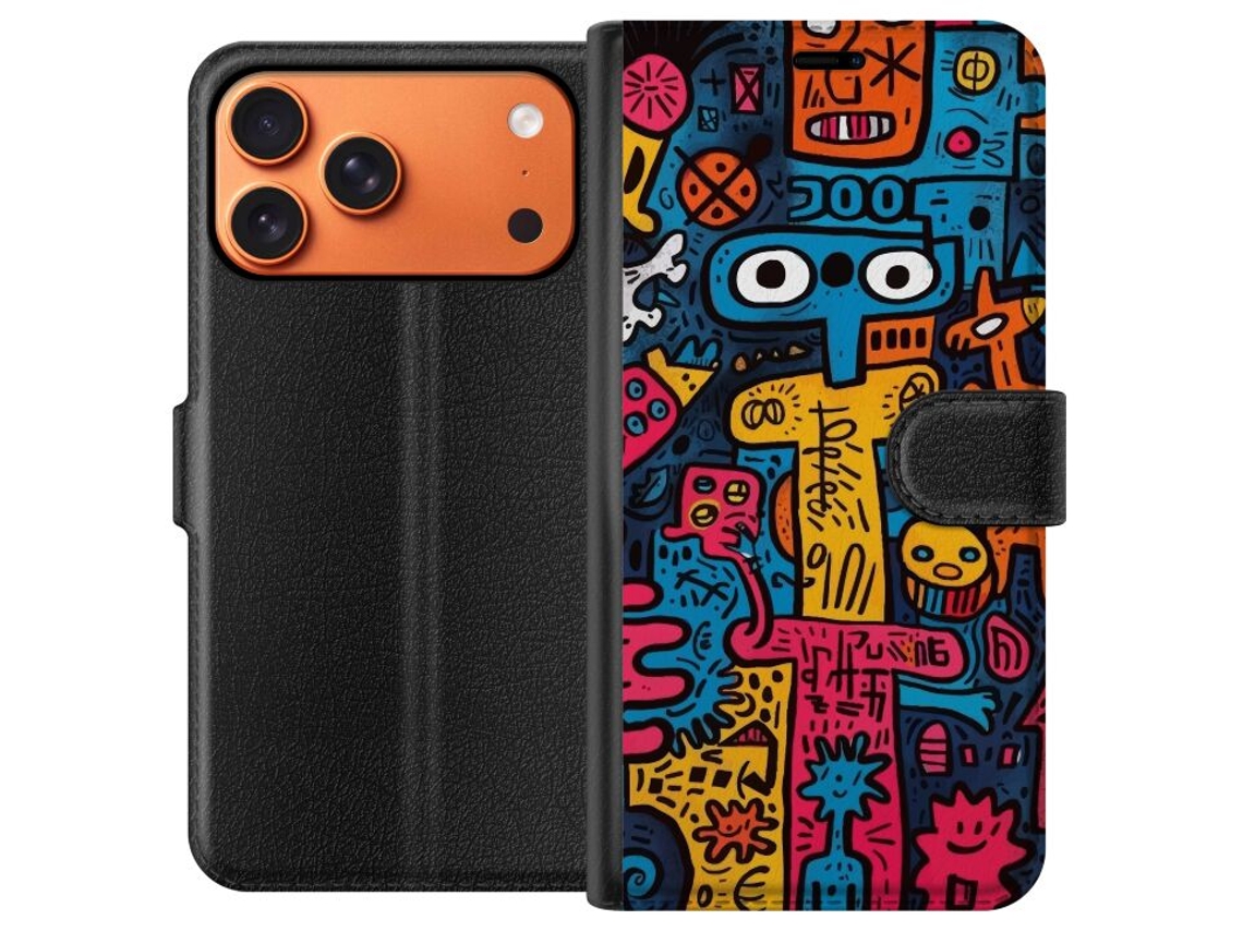 Capa Carteira Compatível Com Apple Iphone 17 Pro Max. Estampa Abstrata E Divertida Com Figuras, Símbolos E Formas Coloridas Em Estilo Moderno De Arte