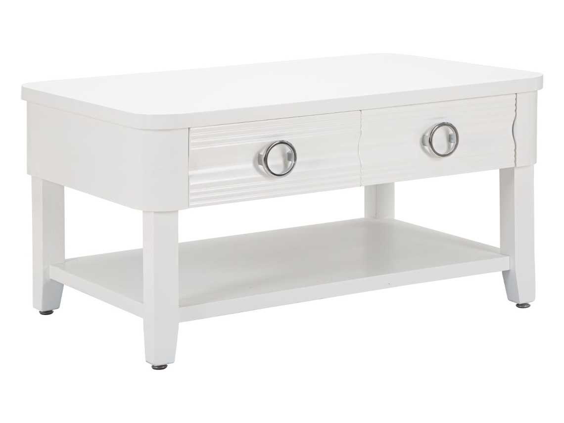 Mesa De Centro Shine 90x60x47 Cm Em Madeira Branca - Mesa De Centro Retangular Com 2 Gavetas E Prateleira - Estrutura Em Madeira De Abeto E Mdf