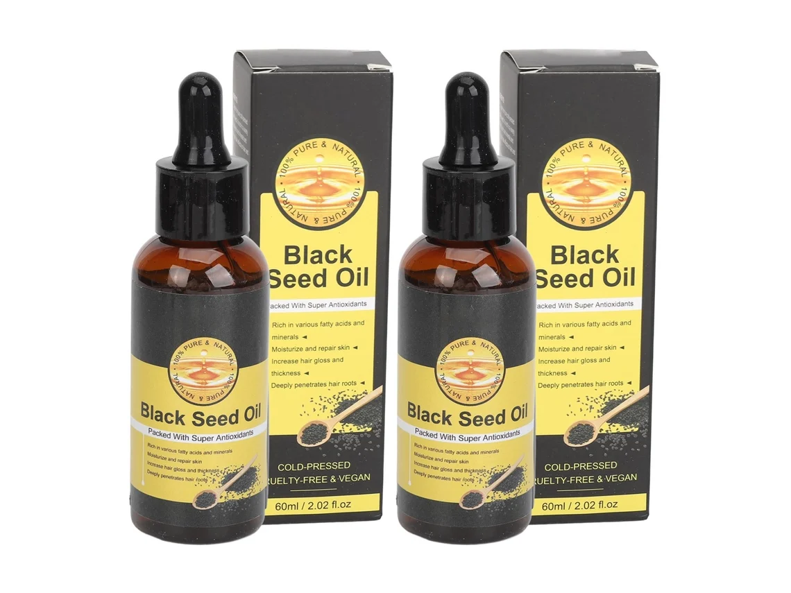 2026 2 Unidades de Óleo de Semente Negra Orgânico Prensado a Frio Antioxidante para Crescimento Capilar e Reparação da Pele 60ml