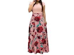 Vestido longo Rebe feminino com estampa floral, manga curta e gola redonda, ideal para festas na praia, tamanho P, rosa.