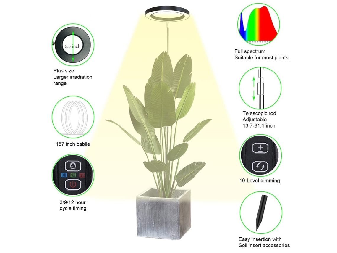2026 lâmpada de Piso para Plantas Luz Solar Espectro Completo com Temporizador 3/9/12h e 10 Níveis de Intensidade