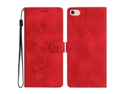 Capa De Couro Com Estampa De Flores E Alça De Pulso Para Iphone 16e - Vermelho