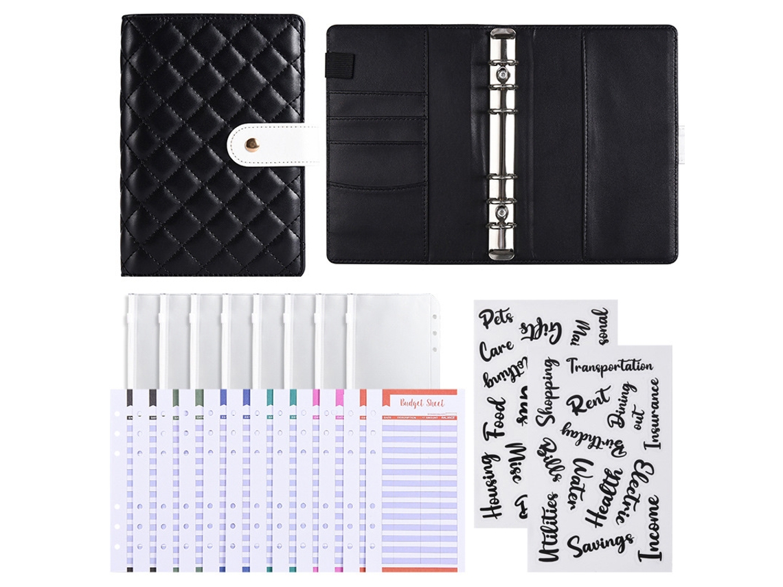 A6 Pu Leather Cash Budget Planner, Bread Style Black, With 12-budget Cards, 8-zipper Pouches, 2-stickers