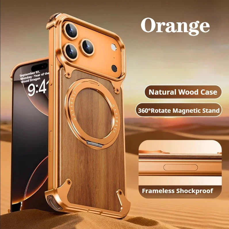 Capa Para Celular (iphone 16 Pro Laranja) Em Madeira Maciça, Compatível Com Suporte Giratório Magsafe De 360°.