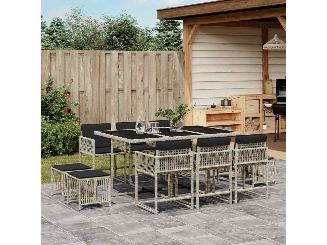 Vidaxl 11 Pcs Conjunto Jantar P/ Jardim C/ Almofadões Vime Pe Cinzento