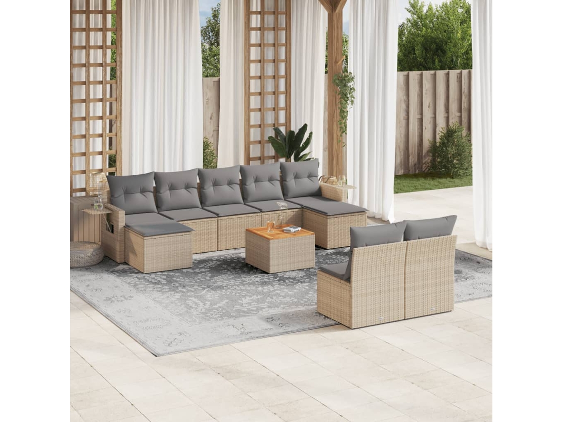 Vidaxl 10 Pcs Conjunto De Sofás P/ Jardim Com Almofadões Vime Pe Bege
