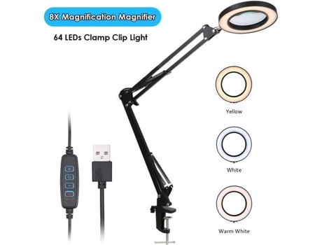 Lupa Lupa com 64 LED Clipe braçadeira Luz 8X Ampliação 10 níveis de brilho ajustável regulável 3 cores mudanças de temperatura LIXADA