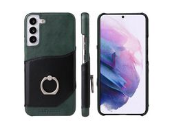 Capa + Couro Genuíno Fierre Shann com Suporte para Anéis e Leitor de Cartões Verde para Samsung Galaxy S22 5G