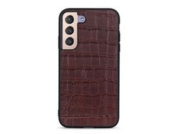 Capa + Couro Genuíno Textura de Crocodilo Marrom para Samsung Galaxy S22 5G