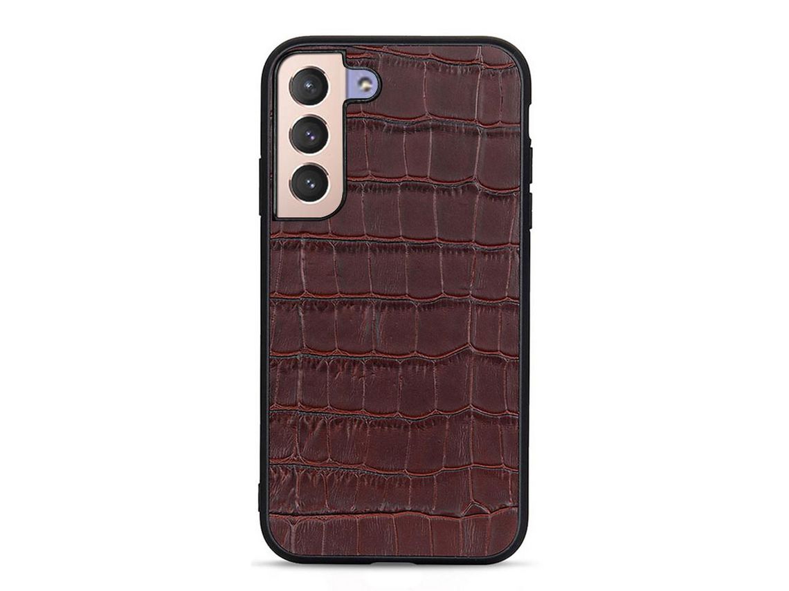 Capa + Couro Genuíno Textura de Crocodilo Marrom para Samsung Galaxy S22 5G