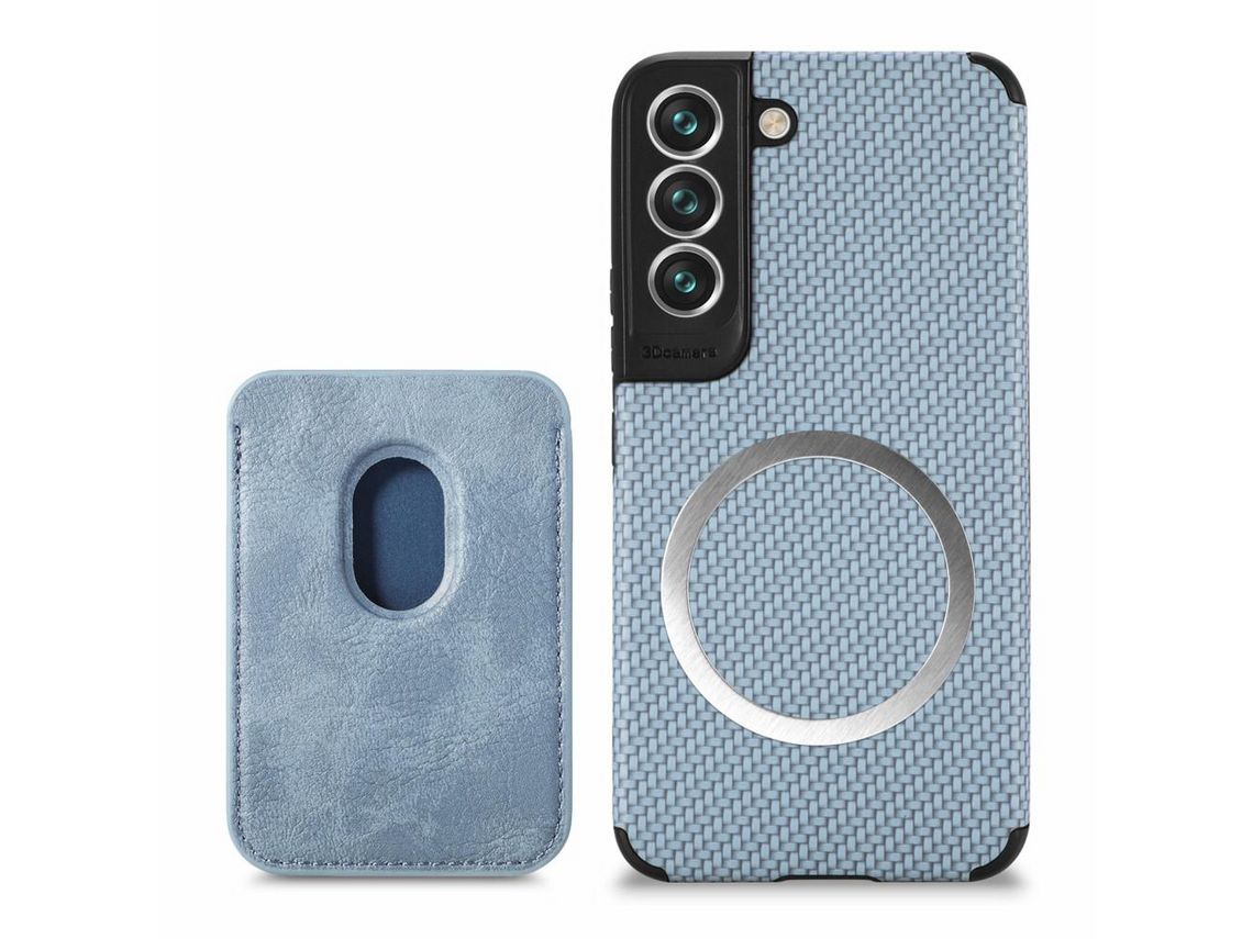 Capa Textura de Fibra de Carbono com Suporte para Cartão Azul para Samsung Galaxy S22 Plus 5G