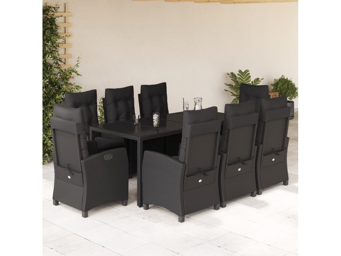 Vidaxl 9 Pcs Conjunto de Jantar P/ Jardim C/ Almofadões Vime Pe Preto