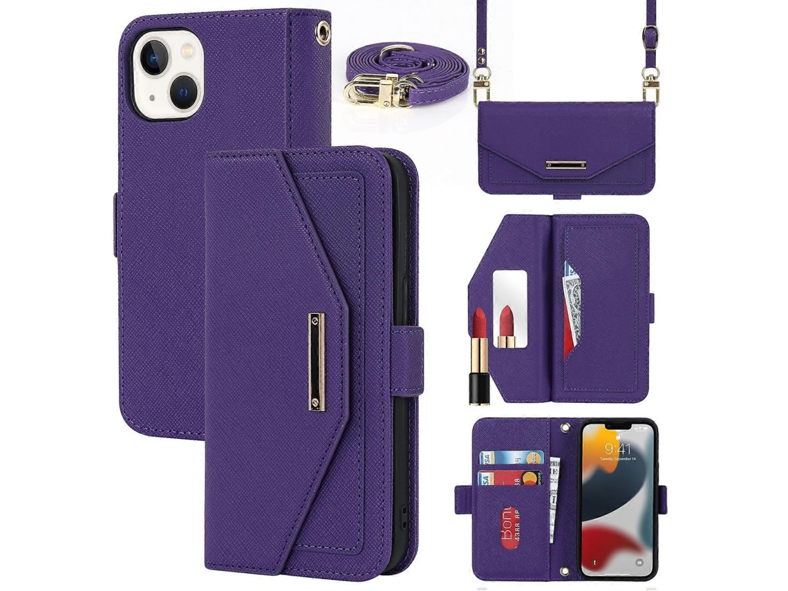 Capa De Couro Com Cordão E Textura Cruzada Para Iphone 14 Plus, Roxa