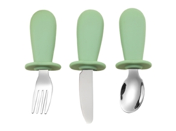 (verde) Conjunto De Três Peças De Facas De Silicone Para Bebês, Incluindo Colher E Garfo De Aço Inoxidável.