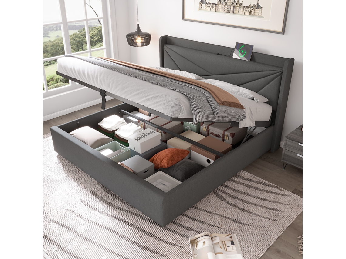Cama Casal 180x200 Com Armário E Carregamento Usb-c Sem Colchão