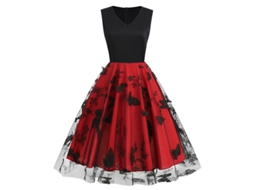 Roupas de Natal com Decote em V Sem Mangas Malha Borboleta Patchwork Vestido Retrô L