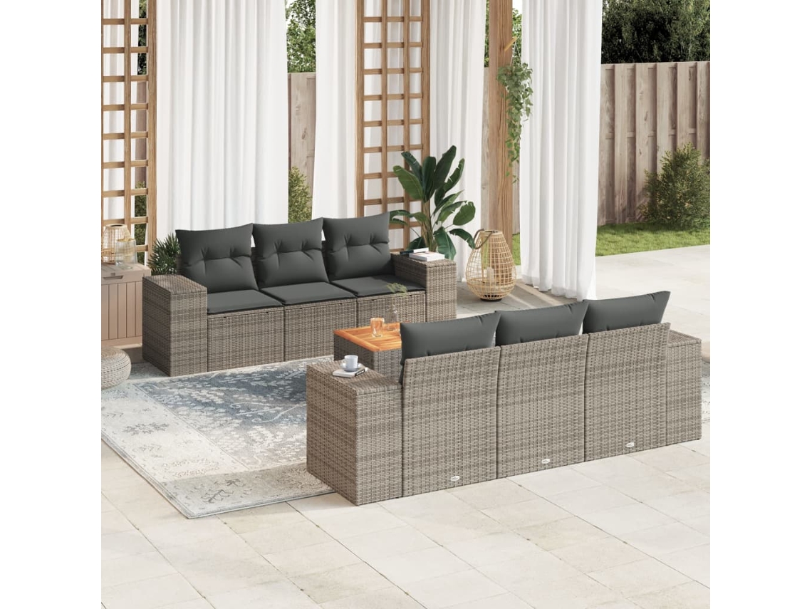 Vidaxl 7 Pcs Conjunto Sofás P/ Jardim C/ Almofadões Vime Pe Cinzento