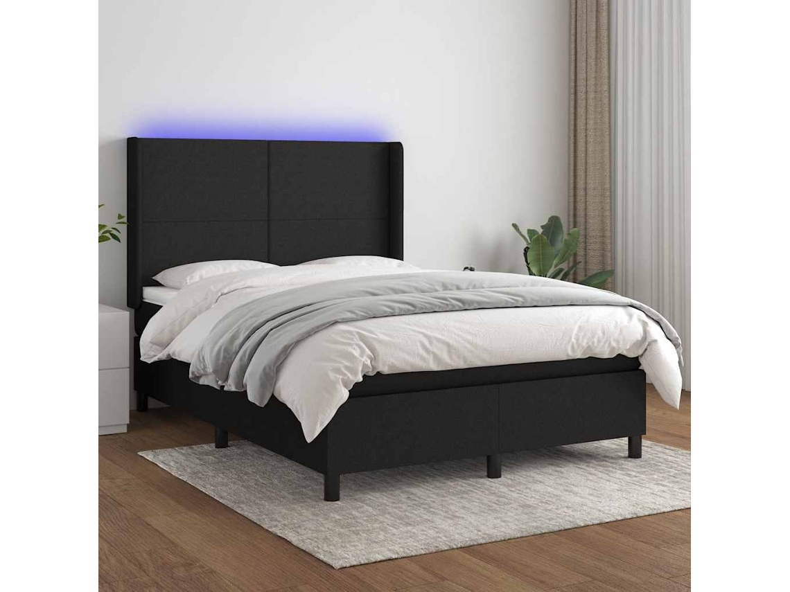Vidaxl Cama Box Spring C/ Colchão e Led 140x190 Cm Tecido Preto