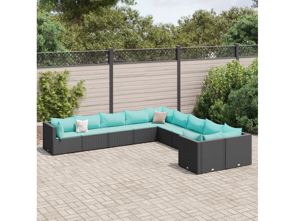 10 Pcs Conjunto Sofás De Jardim C/ Almofadões Vime Pe Preto Dkd Home Decor