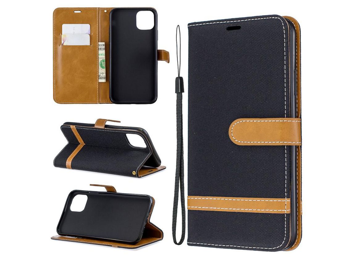 Capa PU pano jeans preto com apoio para Apple iPhone 6.5 (2019)