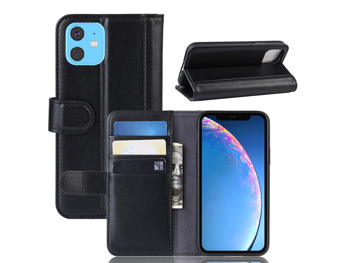Capa de couro genuíno preto com apoio para Apple iPhone 6.1 (2019)