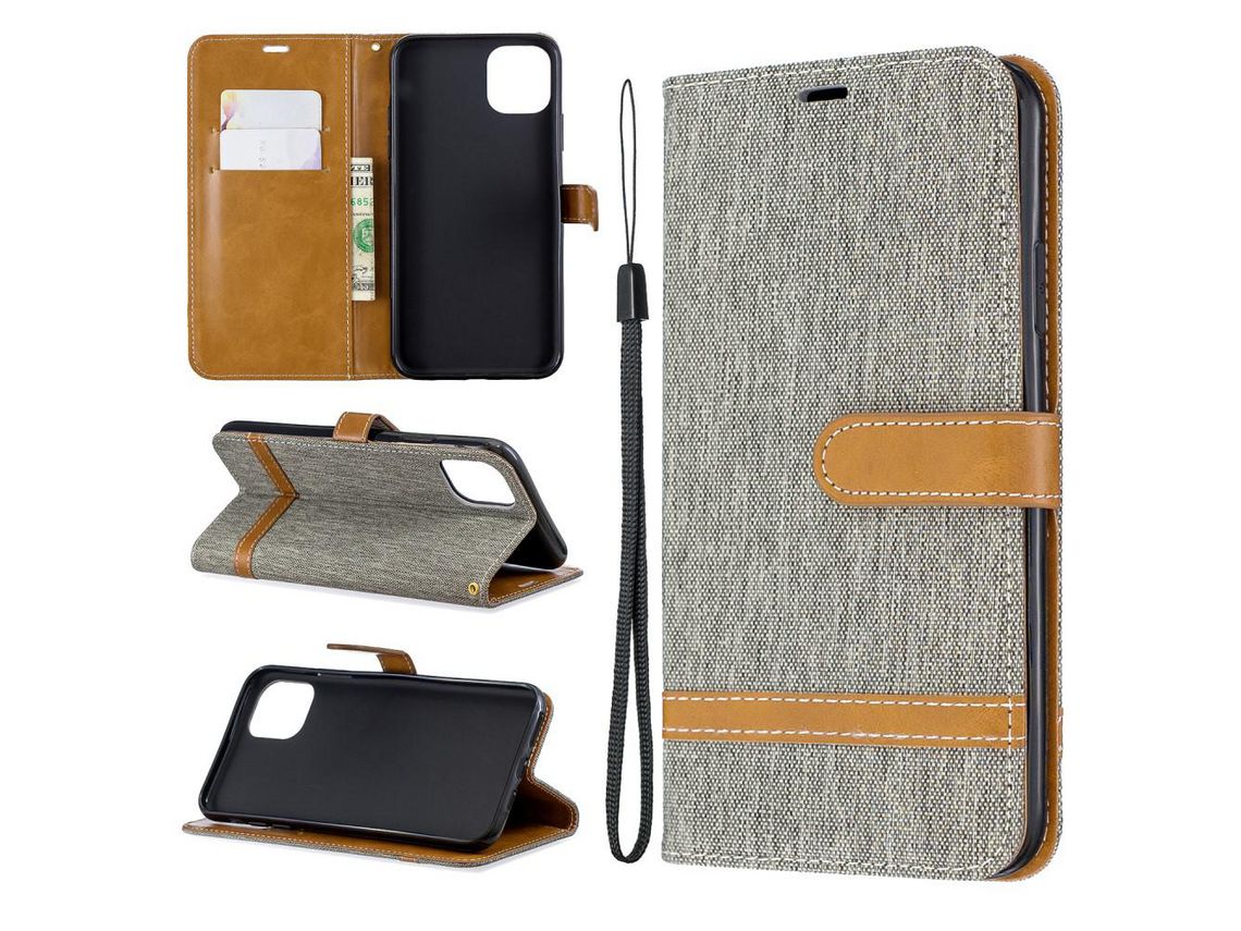 Capa PU pano jeans cinza com apoio para Apple iPhone 6.5 (2019)
