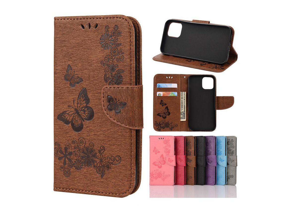 Capa PU estampa flor borboleta com apoio marrom para Apple iPhone 12 5.4