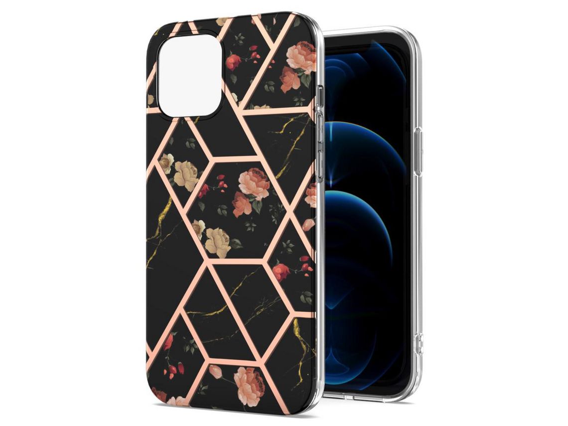 Capa TPU Padrão de mármore , à prova de choque, flexível, flores pretas galvanizadas para iPhone 13