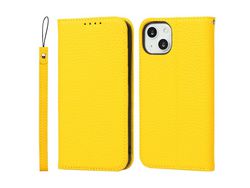 Capa de couro genuíno anti-riscos, textura de lichia com suporte e alça amarela para iPhone 13 6.1