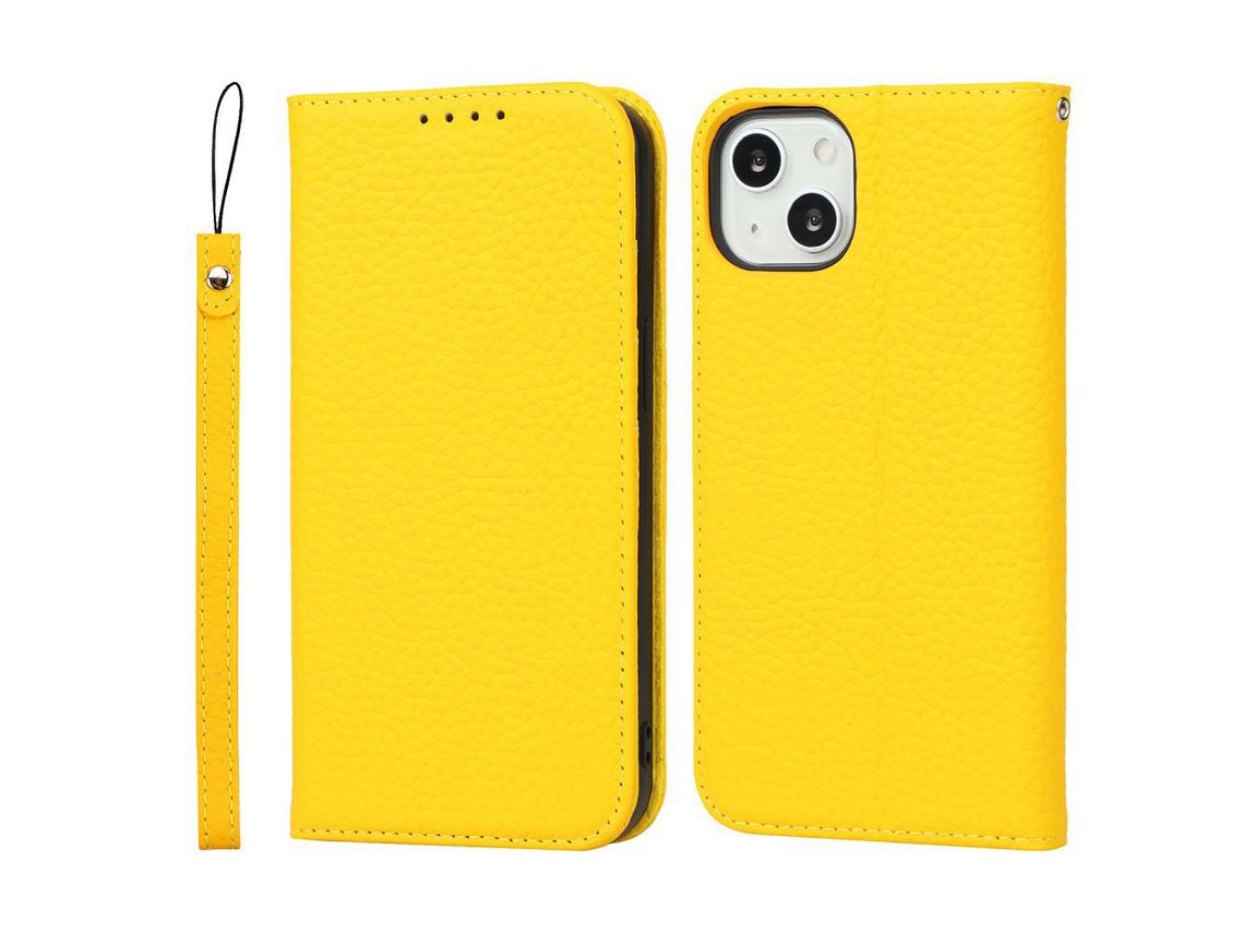 Capa de couro genuíno anti-riscos, textura de lichia com suporte e alça amarela para iPhone 13 6.1