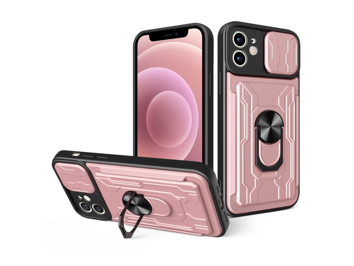 Capa TPU com suporte para anéis e leitor de cartões ouro rosa para iPhone 12 6.1