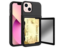 Capa TPU + acrílico com porta-cartões e espelho oculto preto para iPhone 13 6.1
