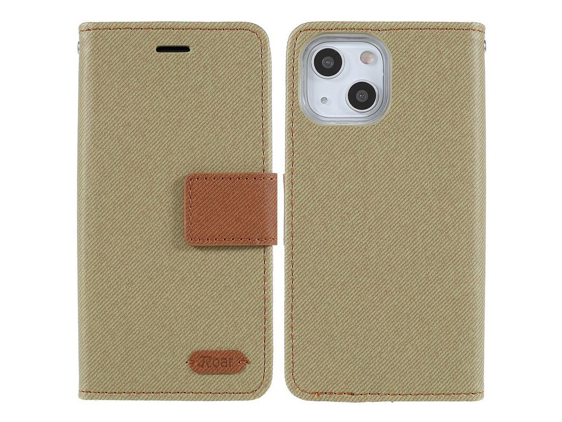 Capa PU ROAR textura de grão de sarja caqui para iPhone 13 6.1
