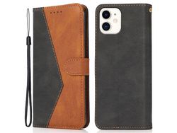 Capa PU + TPU emenda de dois tons com suporte e cabo preto/marrom para iPhone 12 mini 5.4