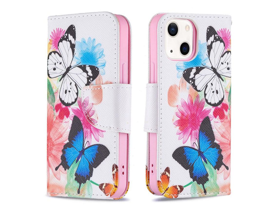 Capa PU + TPU com suporte duas borboletas para iPhone 13 mini 5.4