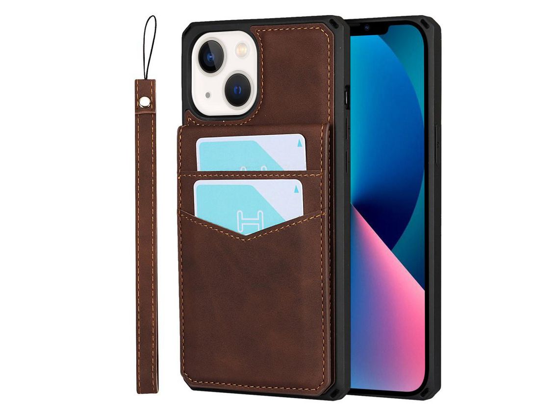Capa TPU + PU com muleta e titular do cartão marrom para iPhone 13 mini 5.4