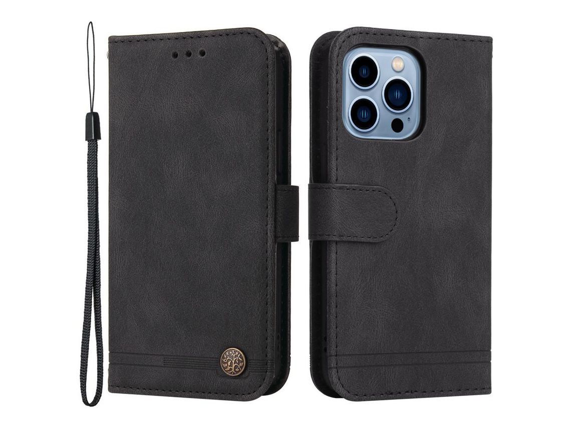 Capa PU + TPU com suporte e alça preta para iPhone 13 Pro 6.1