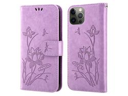 Capa PU padrão de lótus com apoio roxo para iPhone 13 Pro 6.1