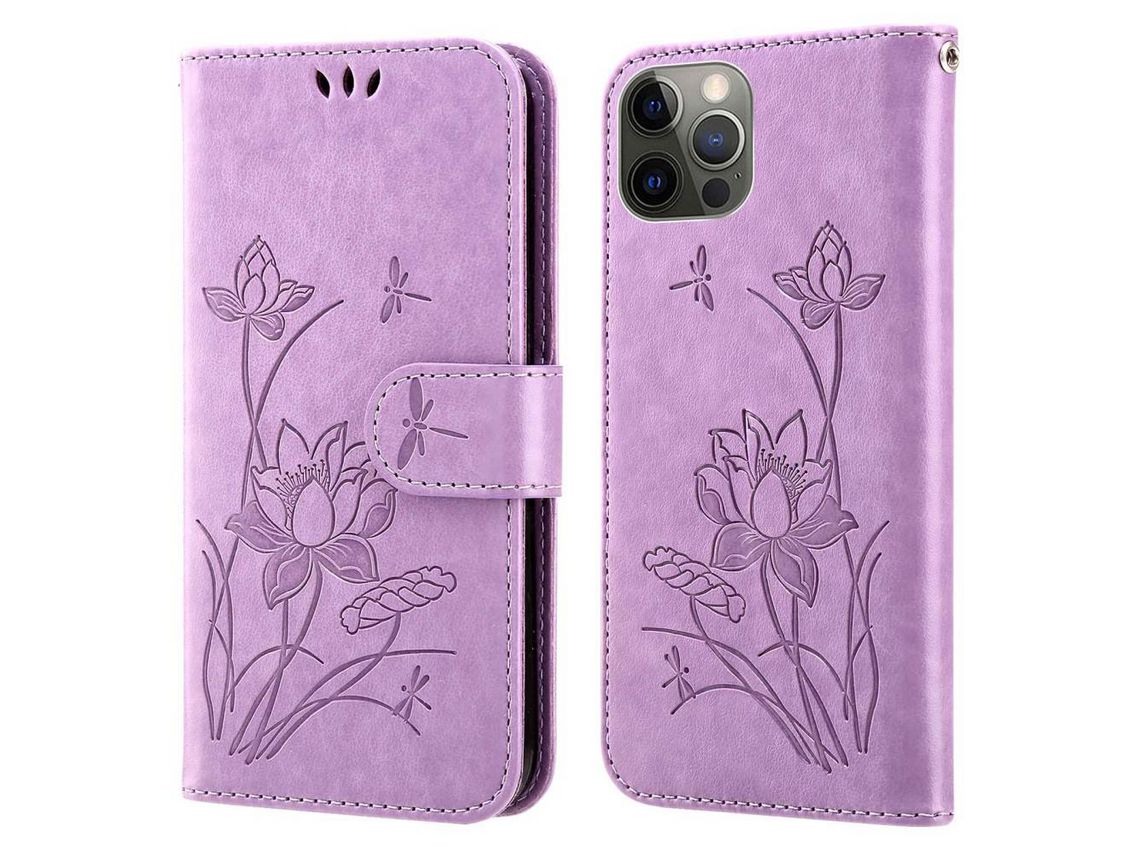 Capa PU padrão de lótus com apoio roxo para iPhone 13 Pro 6.1