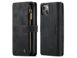 Capa PU + TPU CASEME à prova de choque, suporte com bolso com zíper, preto à prova de choque para iPhone 13 6.1