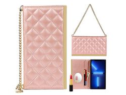 Capa PU + TPU textura de grade, à prova de choque com espelho de maquiagem de ouro rosa para iPhone 13 Pro 6.1
