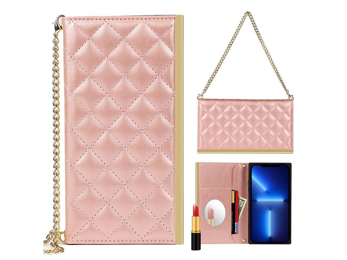 Capa PU + TPU textura de grade, à prova de choque com espelho de maquiagem de ouro rosa para iPhone 13 Pro 6.1