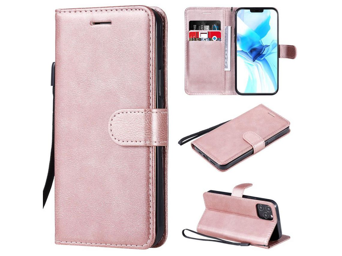 Capa PU cor sólida com suporte e alça ouro rosa para Apple iPhone 12 Pro 6.1