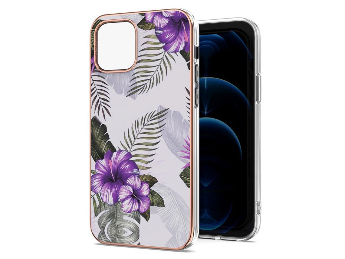 Capa TPU Padrão de mármore , à prova de choque, flexível, flores roxas galvanizadas para iPhone 13